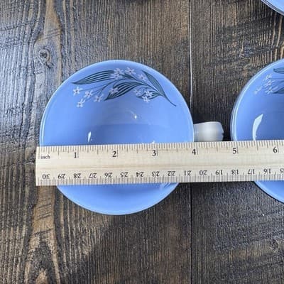 4 Piece Homer Laughlin Skytone Blue Teacup and Saucer Stardust Blue MCM Leaves - Thumbnail 9
