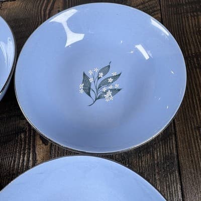 Set of 4 Homer Laughlin Skytone Blue 5.25” Dessert Bowl Stardust Blue MCM Leaves - Thumbnail 4