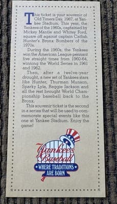 New York Yankees Old Timers Day 1987 Ticket Stub Yankee Stadium 60s vs 70s Mint - Thumbnail 5