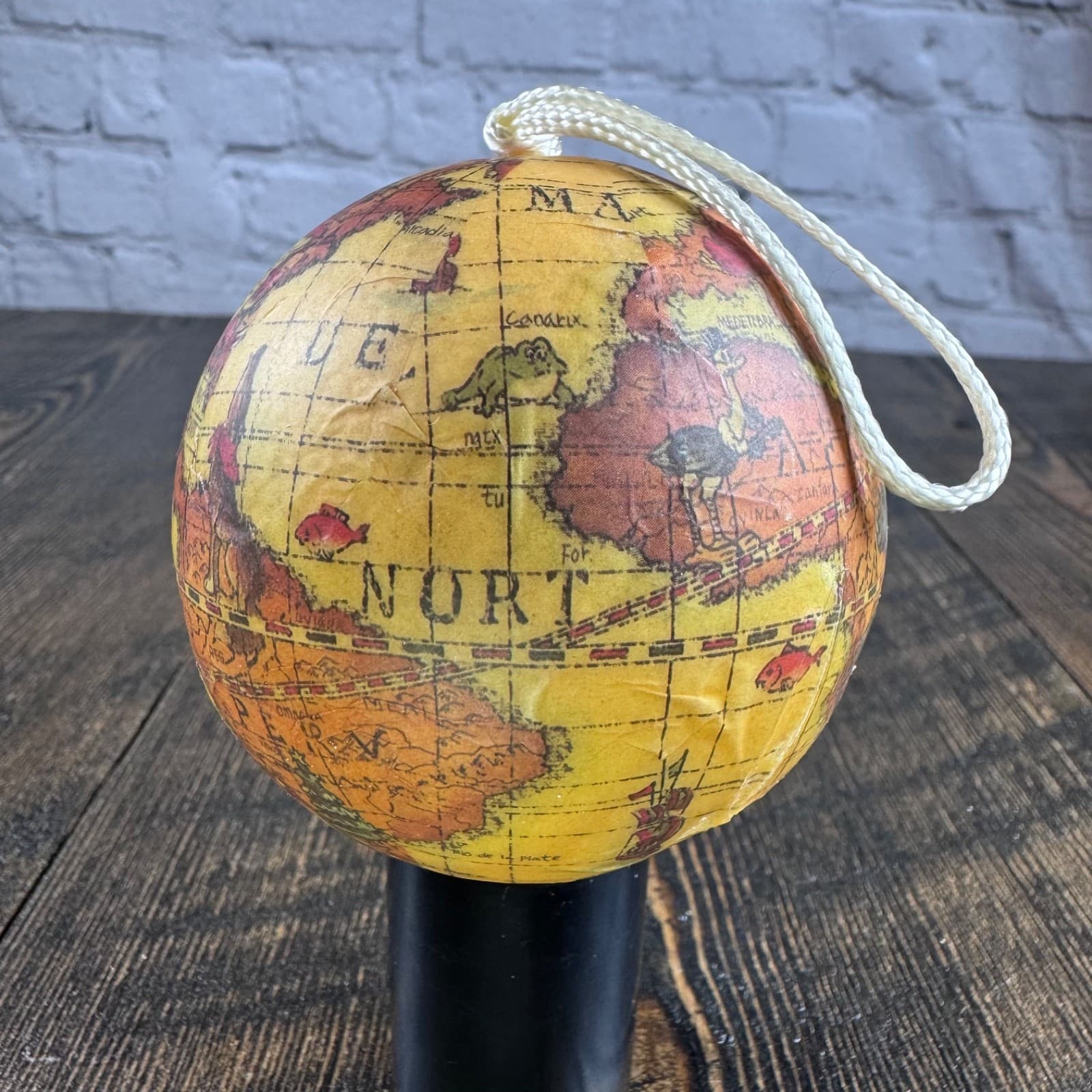 VTG Christmas Holiday Ornament Globe Ball Decoupage Earth World Map - Thumbnail 3