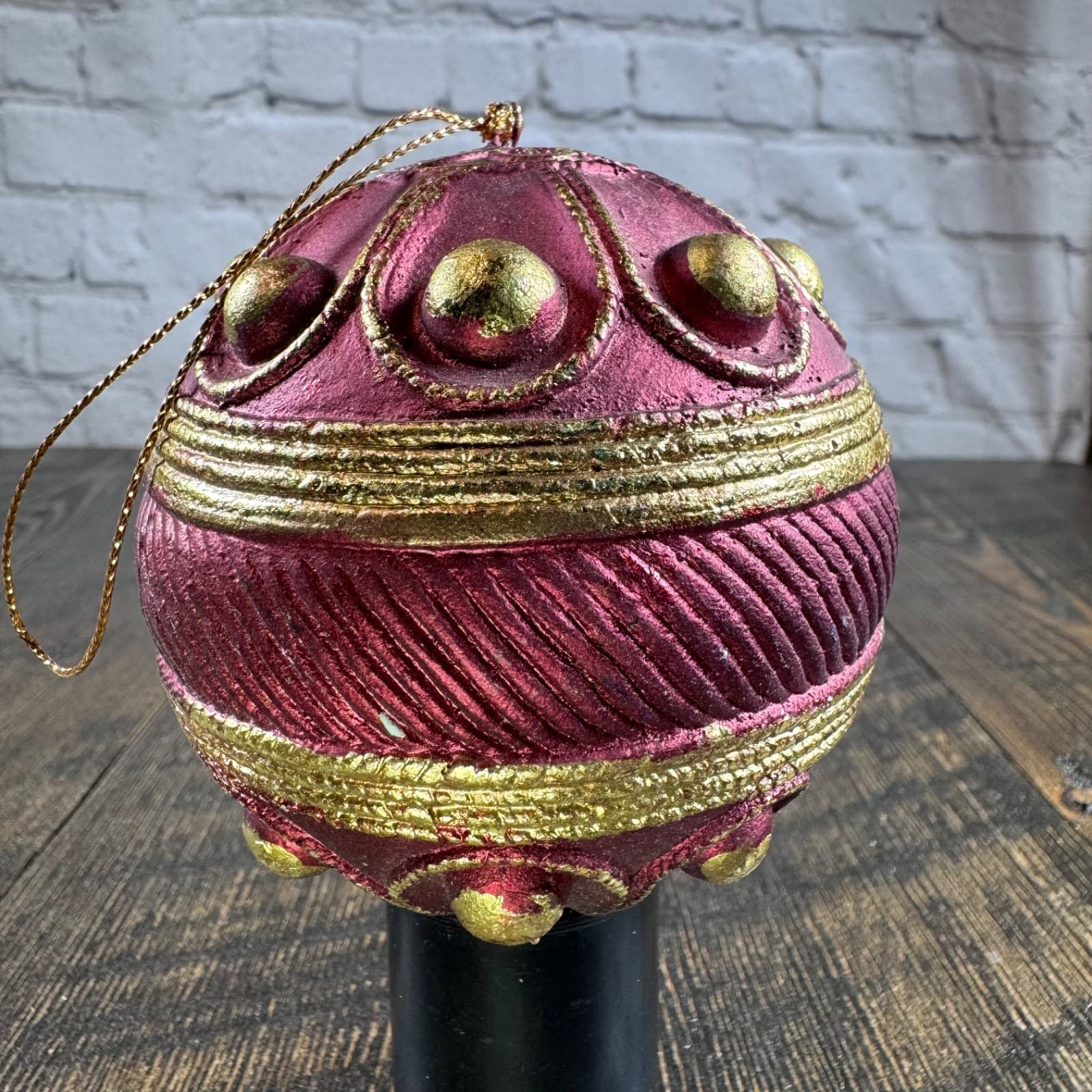 VTG Christmas Holiday Ornament Globe Ball Dark Red with Gold - Thumbnail 2