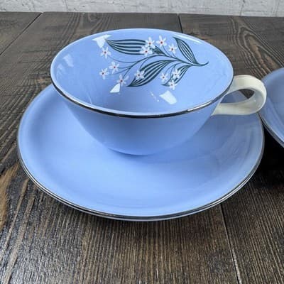 4 Piece Homer Laughlin Skytone Blue Teacup and Saucer Stardust Blue MCM Leaves - Thumbnail 2