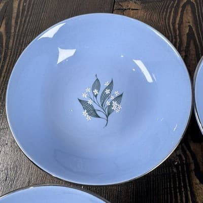 Set of 4 Homer Laughlin Skytone Blue 5.25” Dessert Bowl Stardust Blue MCM Leaves - Thumbnail 5