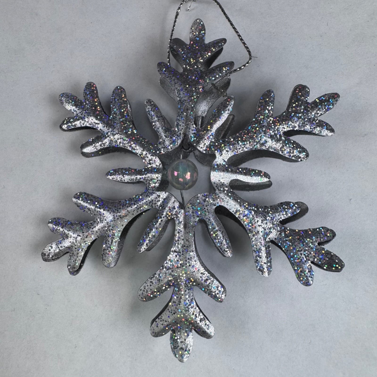 Christmas Holiday Tree Ornament Silver Metal Snowflake Glitter - Thumbnail 2