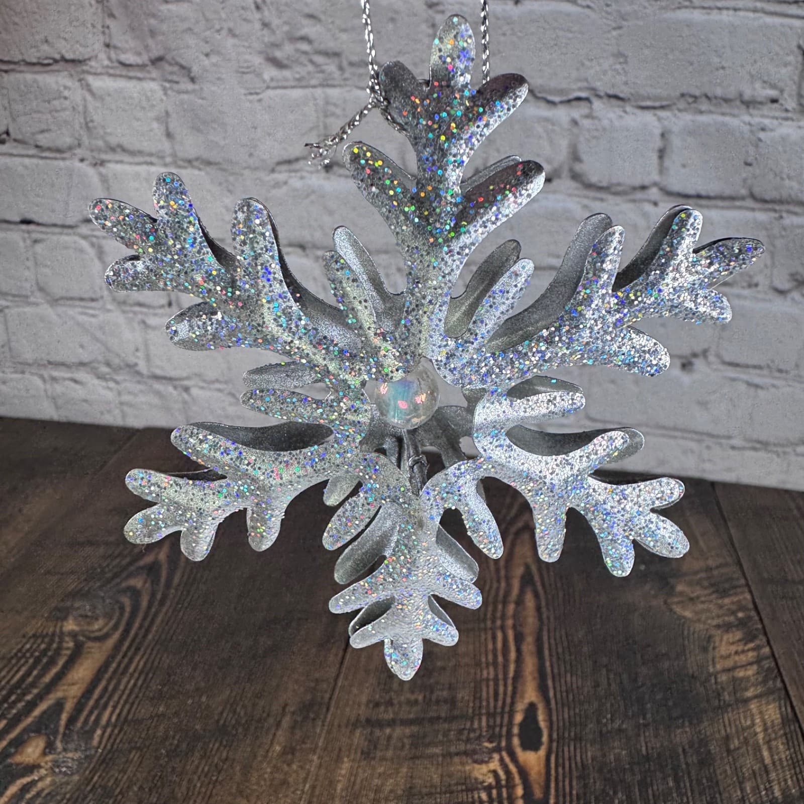 Christmas Holiday Tree Ornament Silver Metal Snowflake Glitter - Thumbnail 4