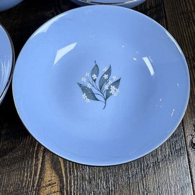 Set of 4 Homer Laughlin Skytone Blue 5.25” Dessert Bowl Stardust Blue MCM Leaves - Thumbnail 3