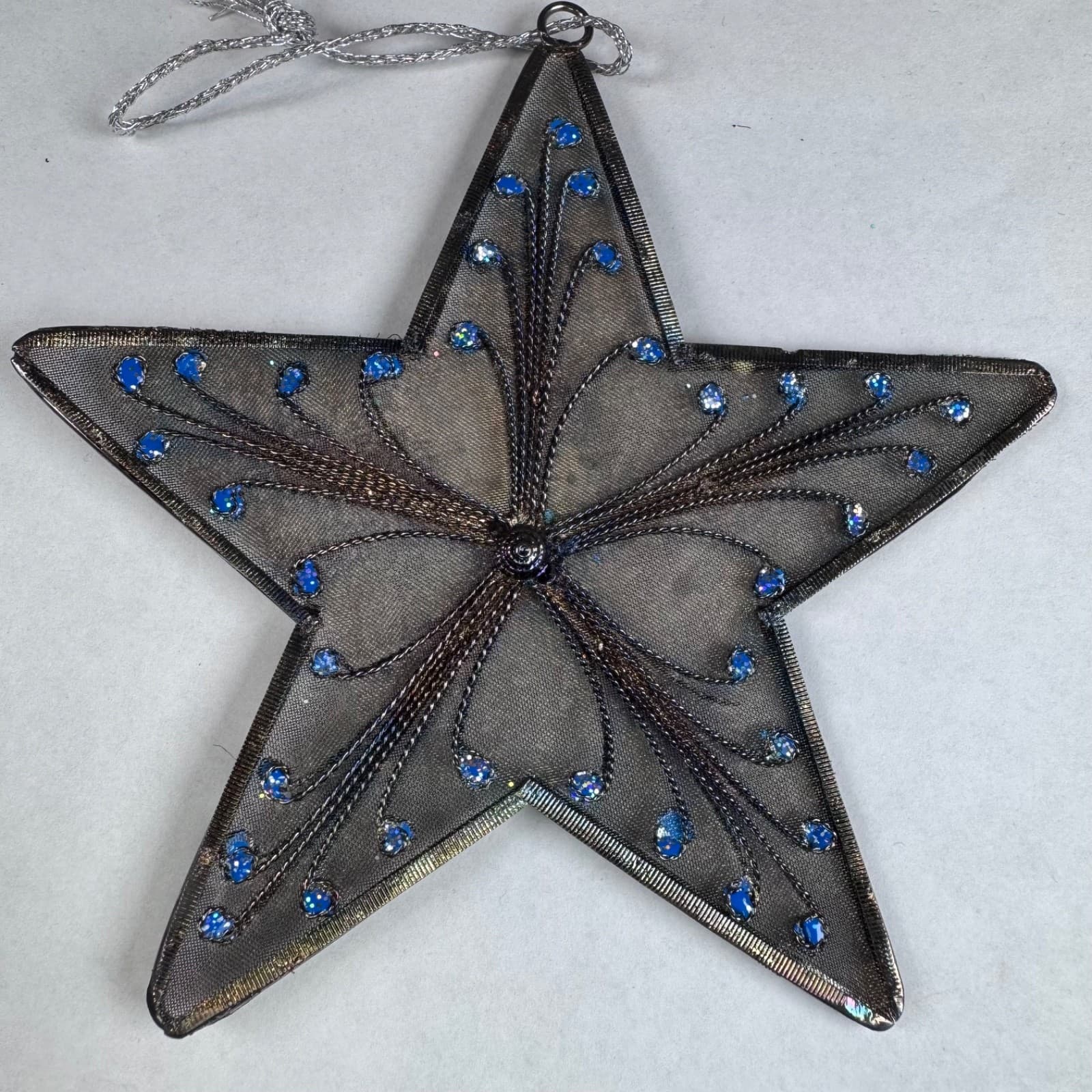 Christmas Holiday Tree Ornament Aged Silver Metal Mesh Star with Blue Accent - Thumbnail 2