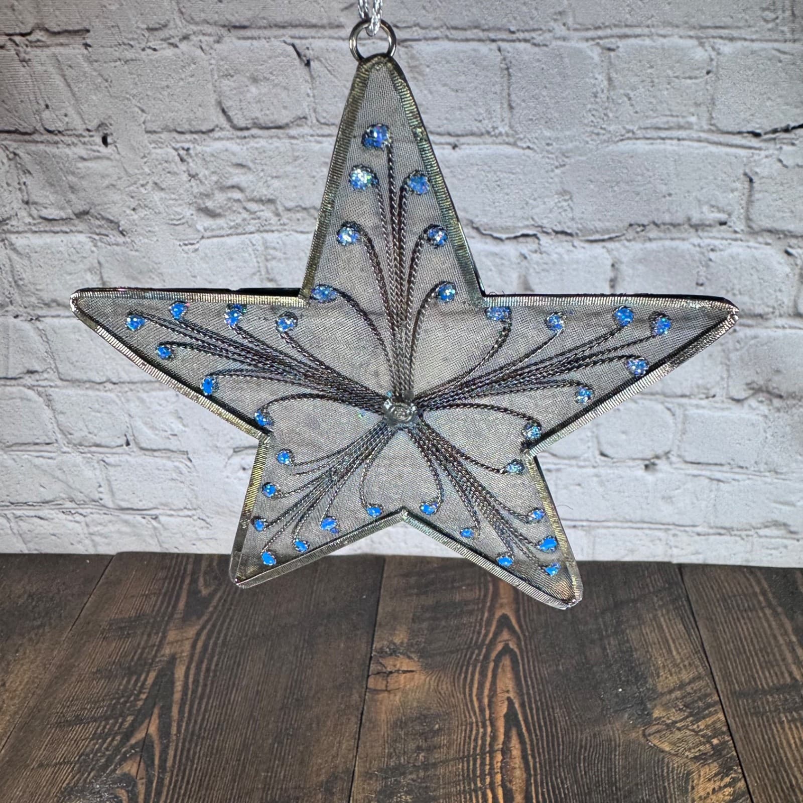 Christmas Holiday Tree Ornament Aged Silver Metal Mesh Star with Blue Accent - Thumbnail 4
