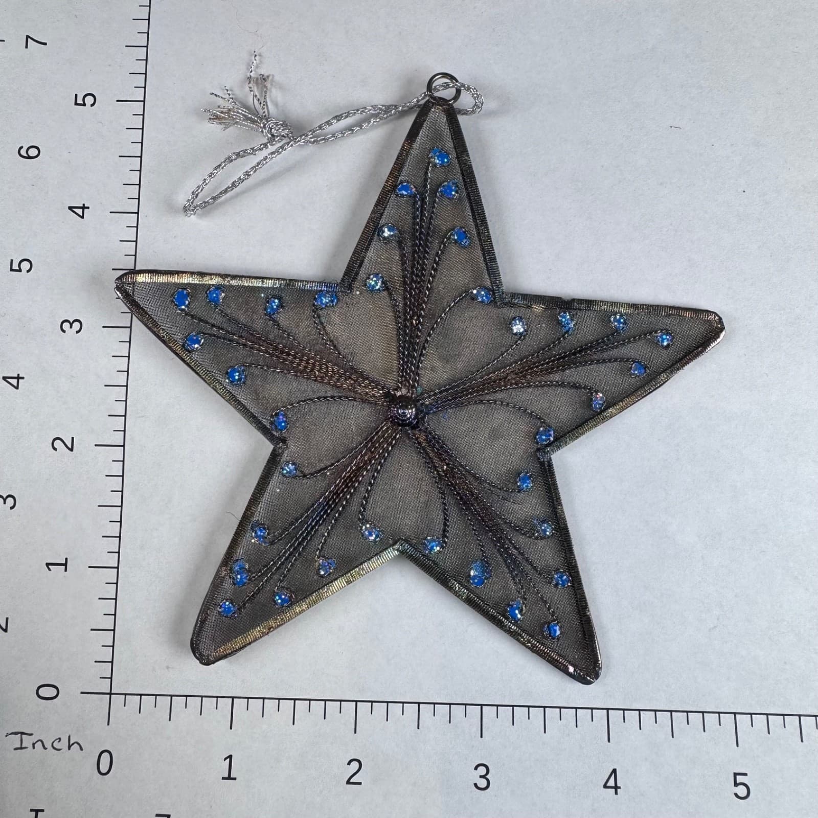 Christmas Holiday Tree Ornament Aged Silver Metal Mesh Star with Blue Accent - Thumbnail 3