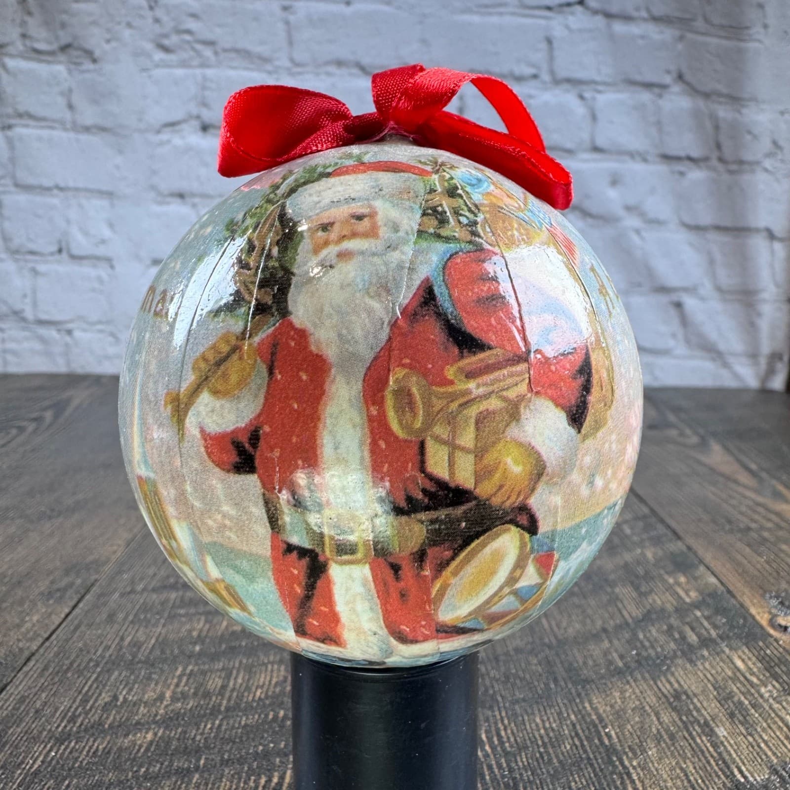 VTG Christmas Holiday Ornament Globe Ball Decoupage Santa - Thumbnail 2