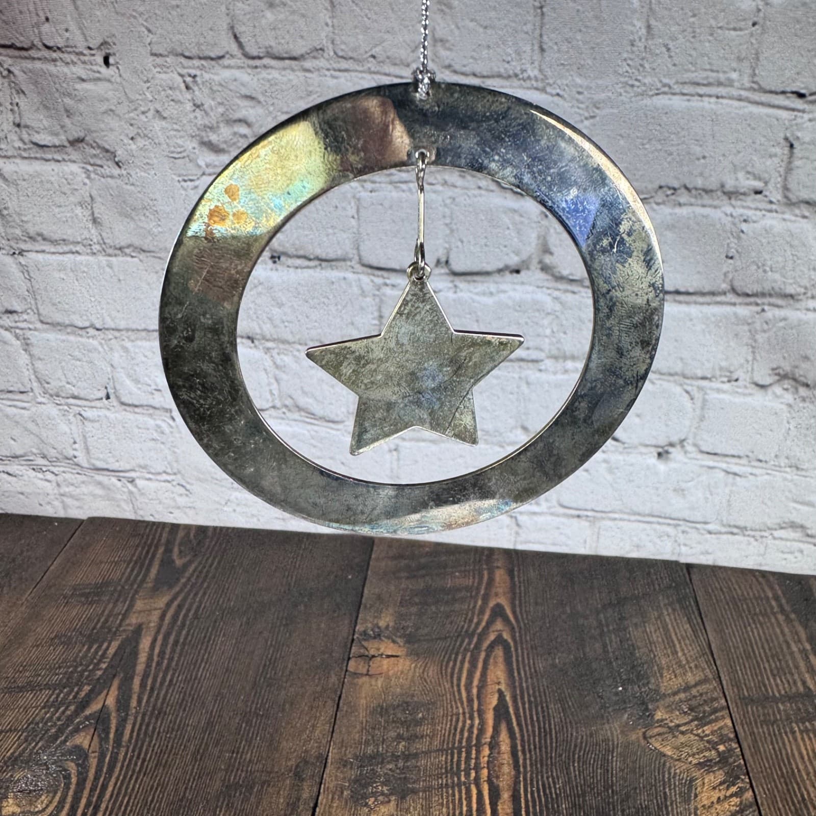 Christmas Holiday Tree Ornament Silver Metal Star Circle - Thumbnail 4