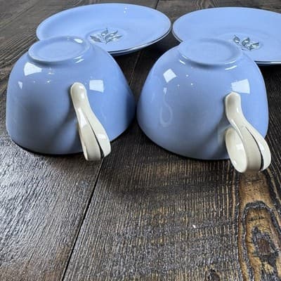 4 Piece Homer Laughlin Skytone Blue Teacup and Saucer Stardust Blue MCM Leaves - Thumbnail 8