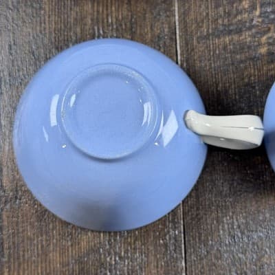 4 Piece Homer Laughlin Skytone Blue Teacup and Saucer Stardust Blue MCM Leaves - Thumbnail 6