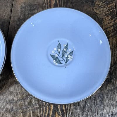 4 Piece Homer Laughlin Skytone Blue Teacup and Saucer Stardust Blue MCM Leaves - Thumbnail 11