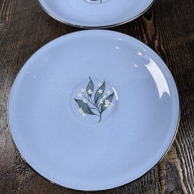 Set of 2 Homer Laughlin Skytone Blue Teacup Saucer Stardust Blue MCM Leaves - Thumbnail 2
