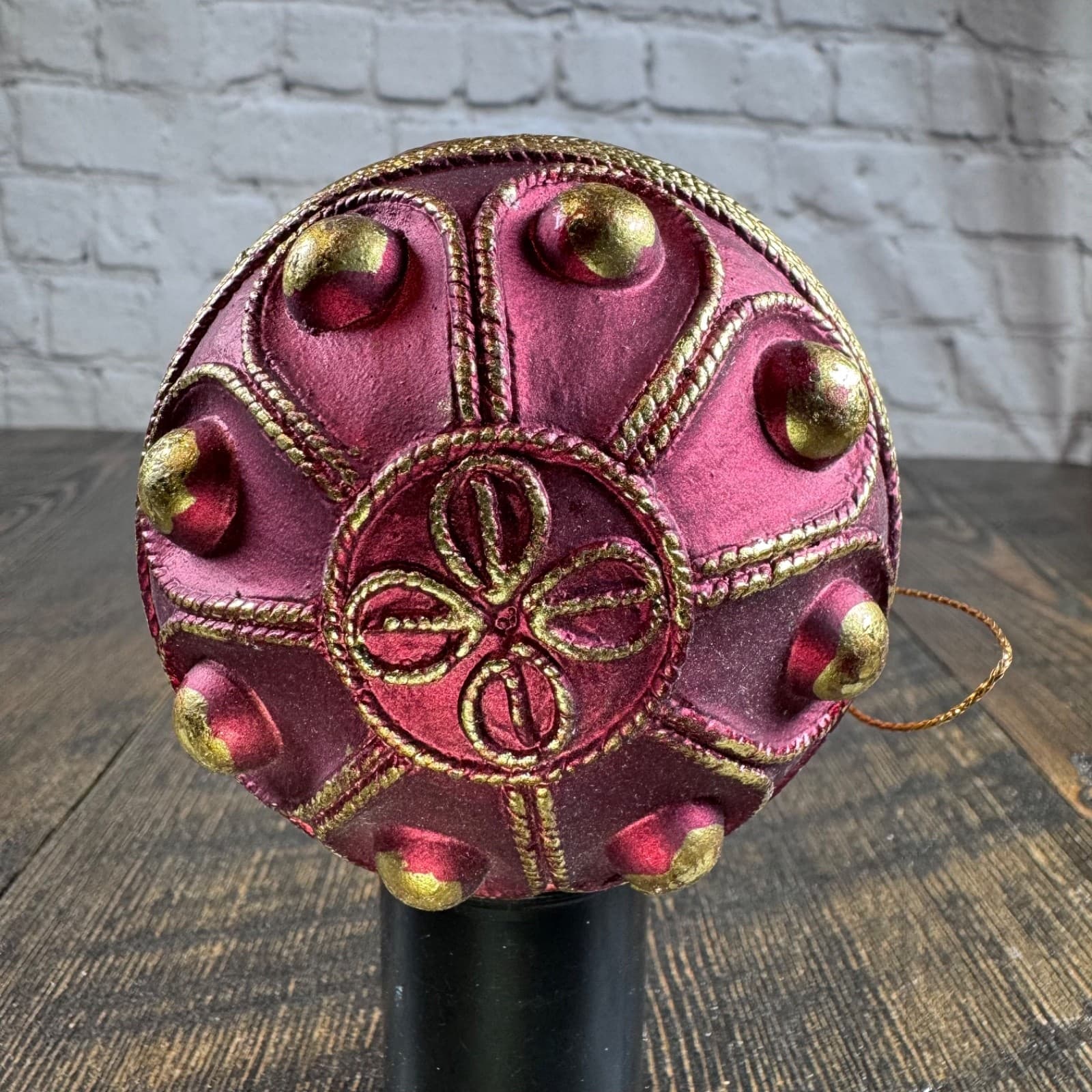 VTG Christmas Holiday Ornament Globe Ball Dark Red with Gold - Thumbnail 6