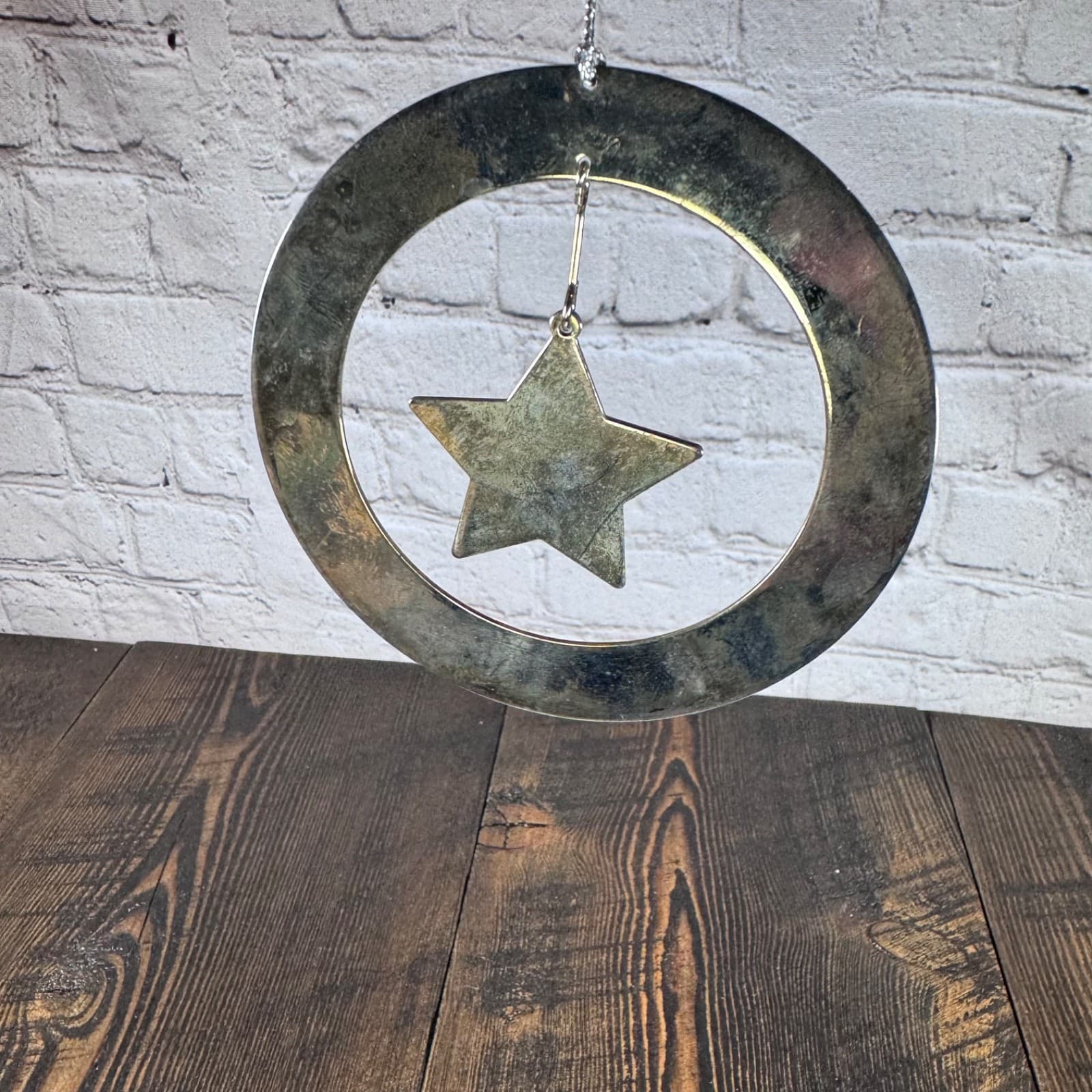 Christmas Holiday Tree Ornament Silver Metal Star Circle - Thumbnail 3