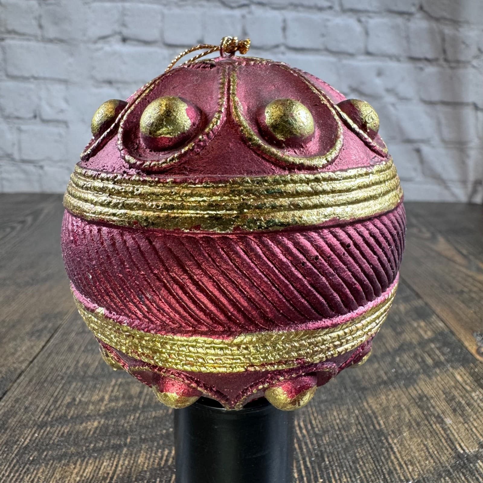 VTG Christmas Holiday Ornament Globe Ball Dark Red with Gold - Thumbnail 3