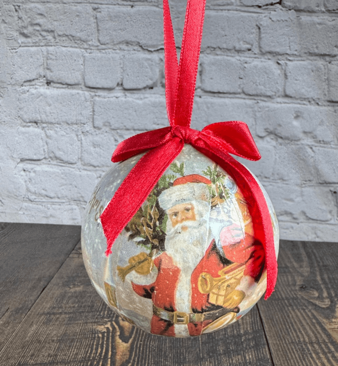 VTG Christmas Holiday Ornament Globe Ball Decoupage Santa