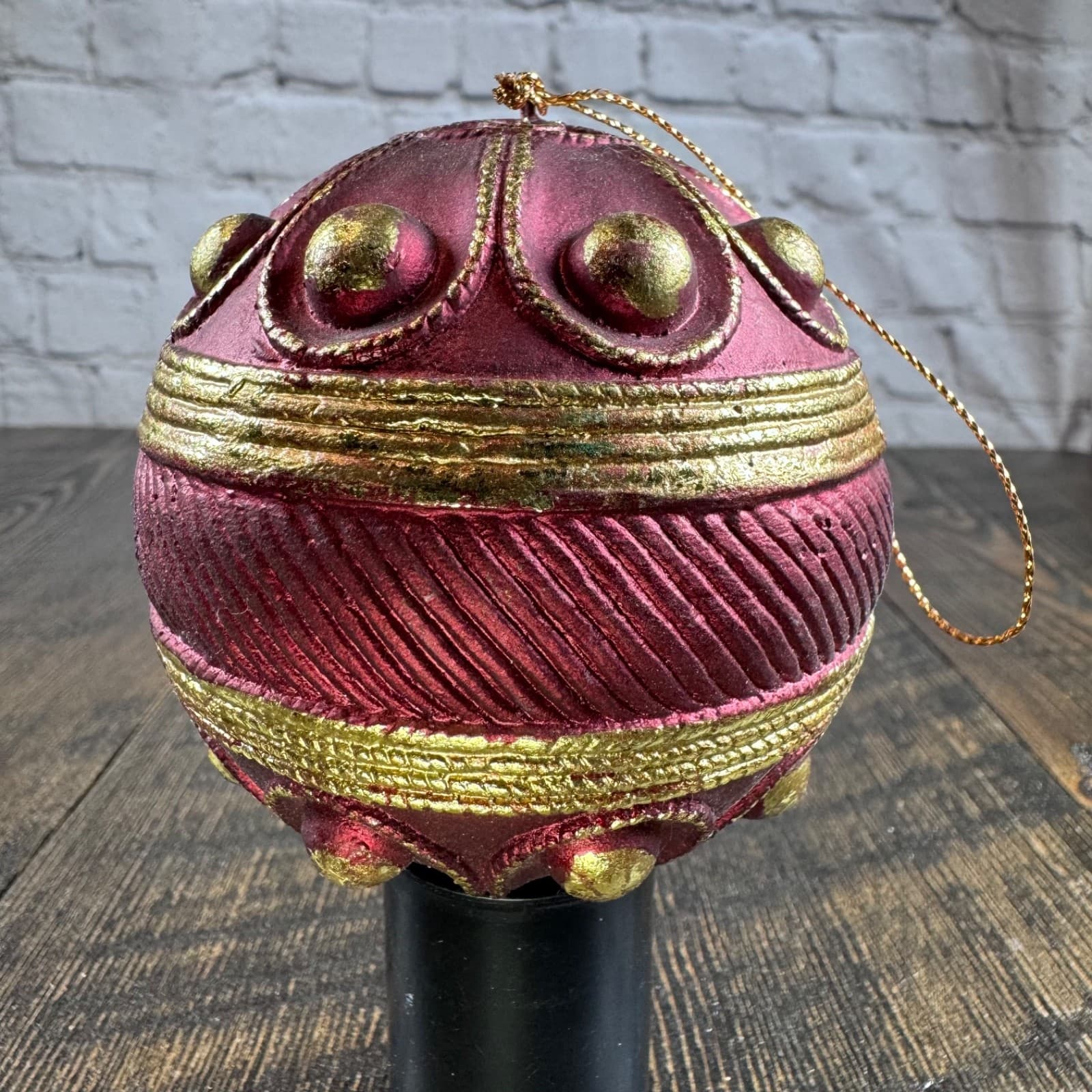 VTG Christmas Holiday Ornament Globe Ball Dark Red with Gold - Thumbnail 5