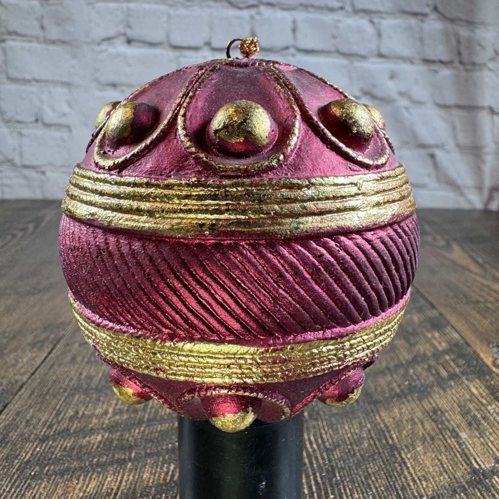VTG Christmas Holiday Ornament Globe Ball Dark Red with Gold - Thumbnail 4