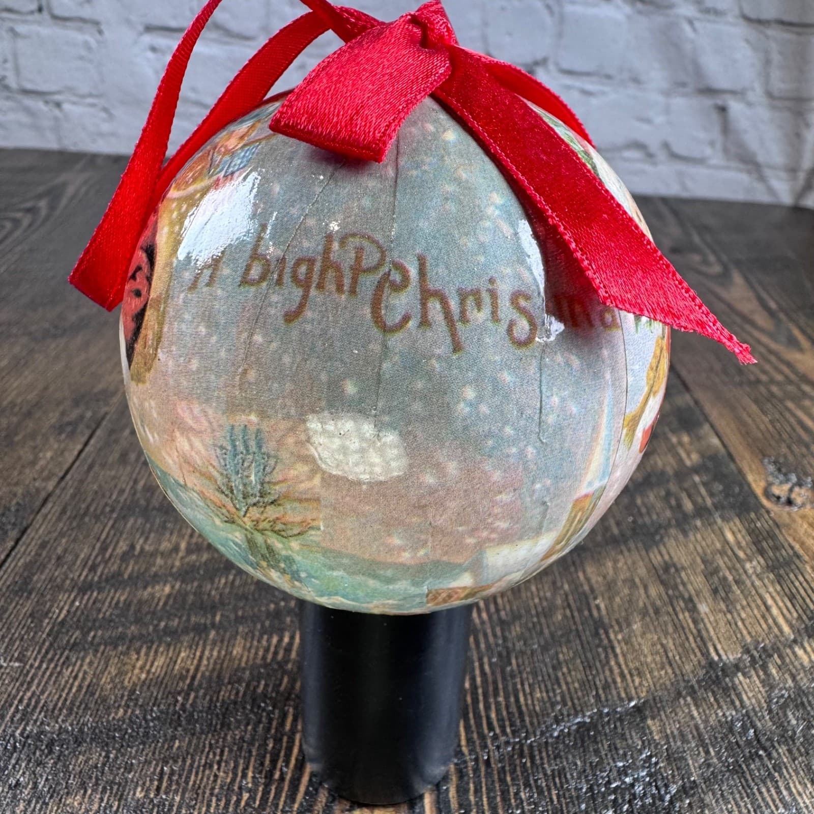 VTG Christmas Holiday Ornament Globe Ball Decoupage Santa - Thumbnail 5