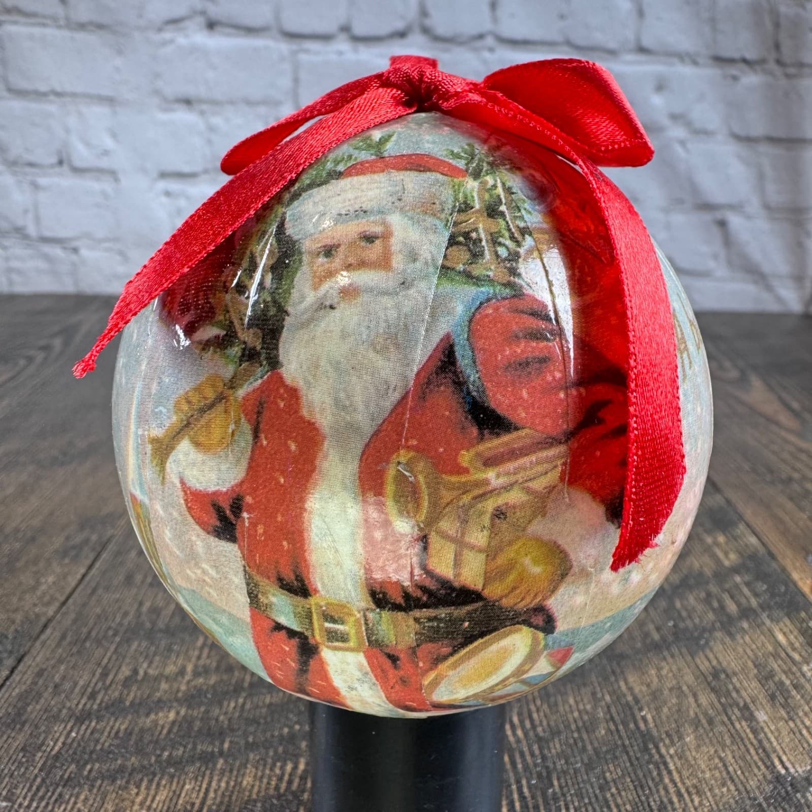 VTG Christmas Holiday Ornament Globe Ball Decoupage Santa - Thumbnail 4