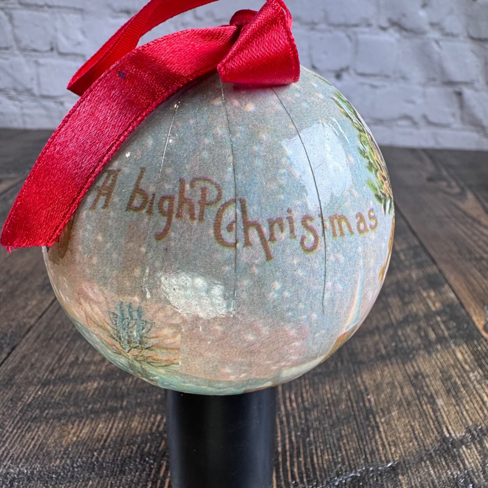 VTG Christmas Holiday Ornament Globe Ball Decoupage Santa - Thumbnail 3