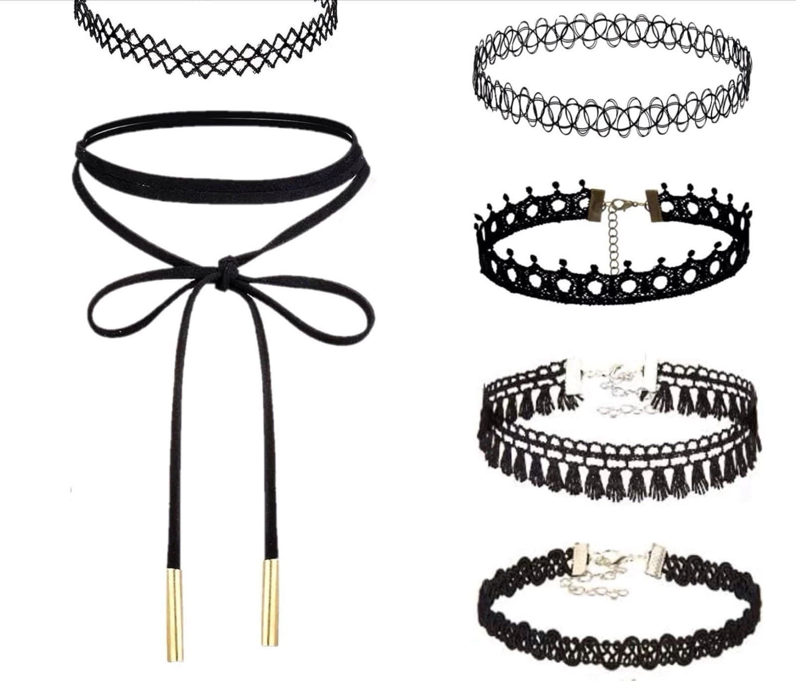 6pc Choker Necklace Set Black Velvet Classic Chain Lace Gothic Stretchy & Bag