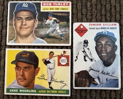 Topps 1954 Jim Gilliam #35, 1955 Gene Woodling #190, 1956 Bob Turley #40