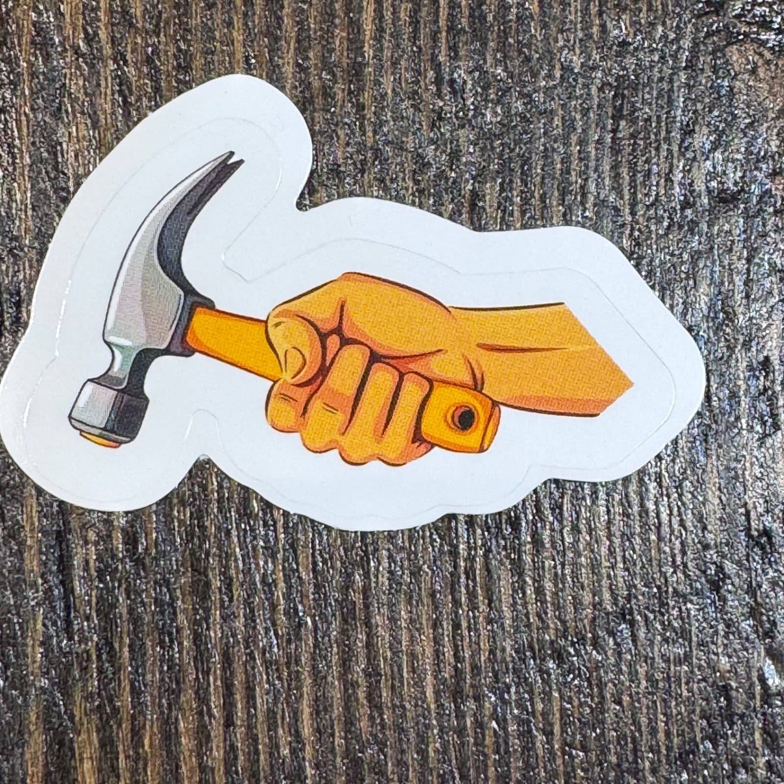 Hand with hammer sticker 2” tool box water bottle lunch cooler locker