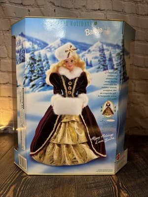 1996 Happy Holidays Special Edition Barbie NIB Winter Dress Purple Eyes Blonde - Thumbnail 2