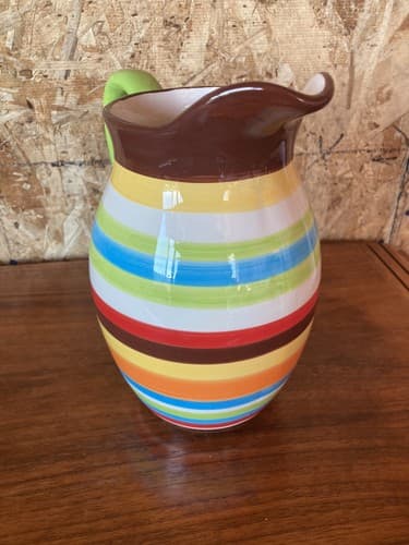 Striped Multicolor Ceramic Pitcher - Thumbnail 4