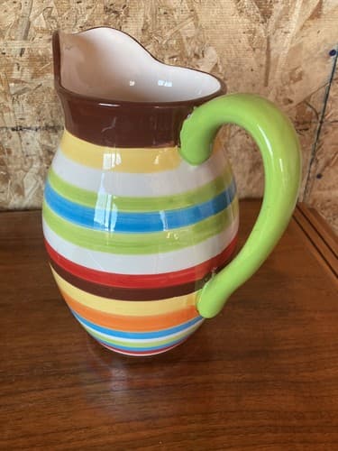 Striped Multicolor Ceramic Pitcher - Thumbnail 6