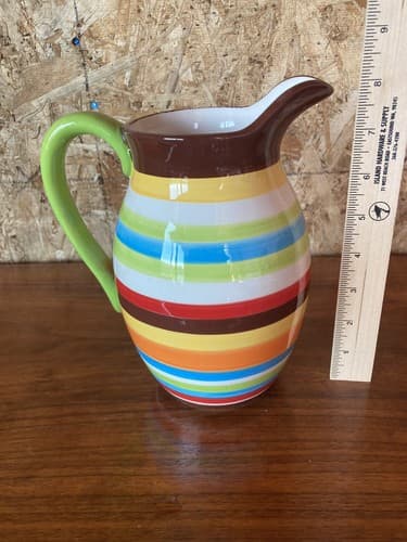 Striped Multicolor Ceramic Pitcher - Thumbnail 7