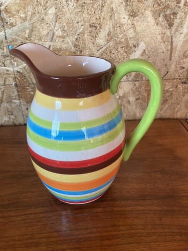Striped Multicolor Ceramic Pitcher - Thumbnail 2