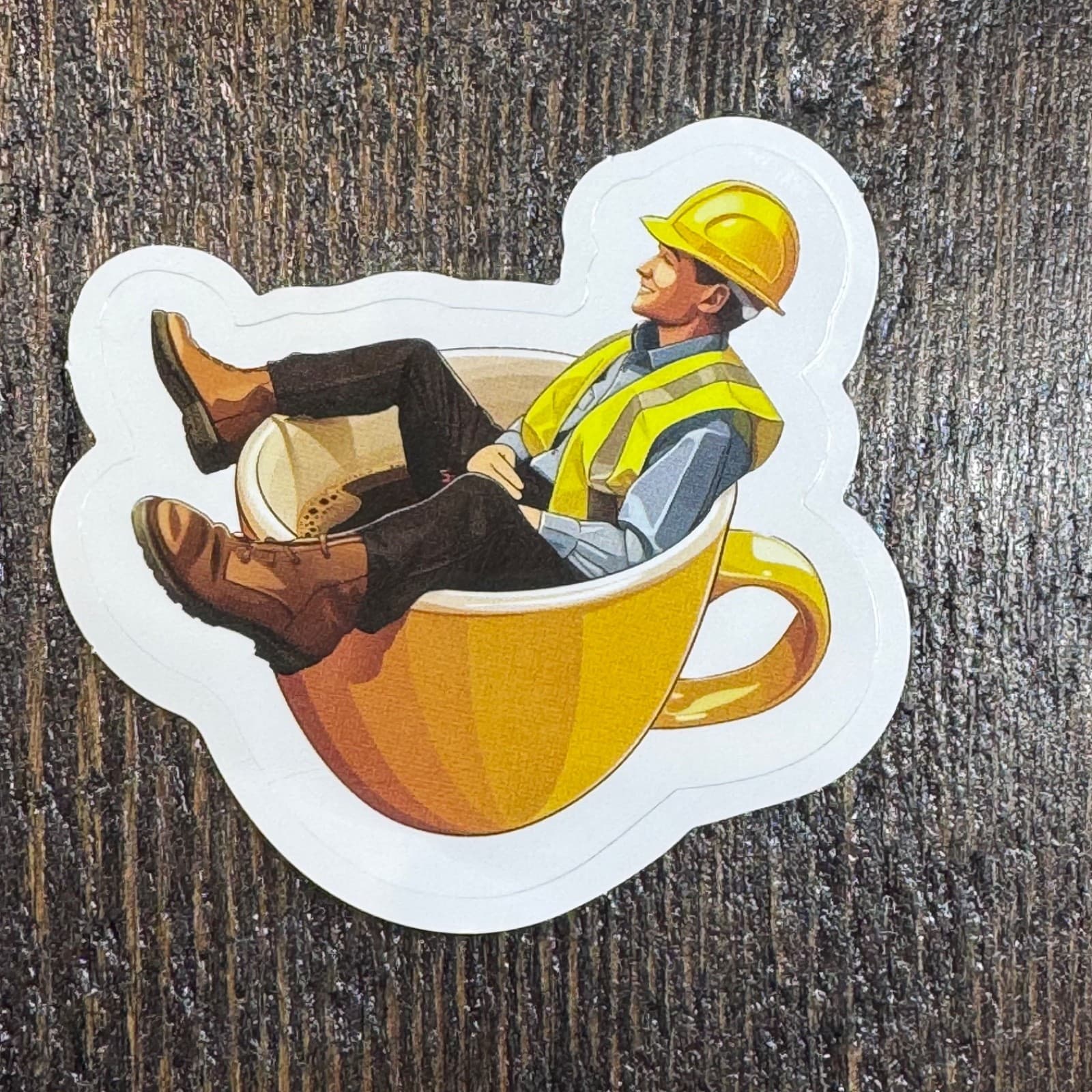 Construction worker in coffee cup for hard hat lunch cooler locker