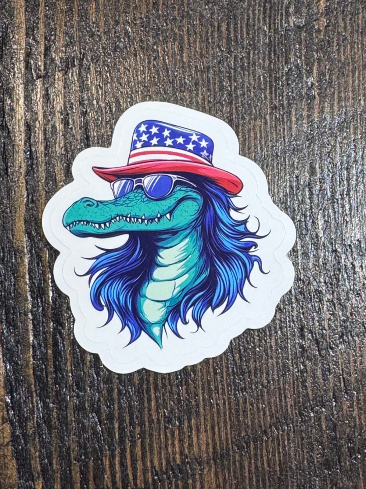 Patriotic sticker USA Flag - Alligator Crocodile with Hat & Sunglasses Decal 2”