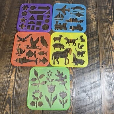 1987 VTG Set Of 5 Tupperware Tuppertoys Art Shapes Stencil Train Dog Fish Flower