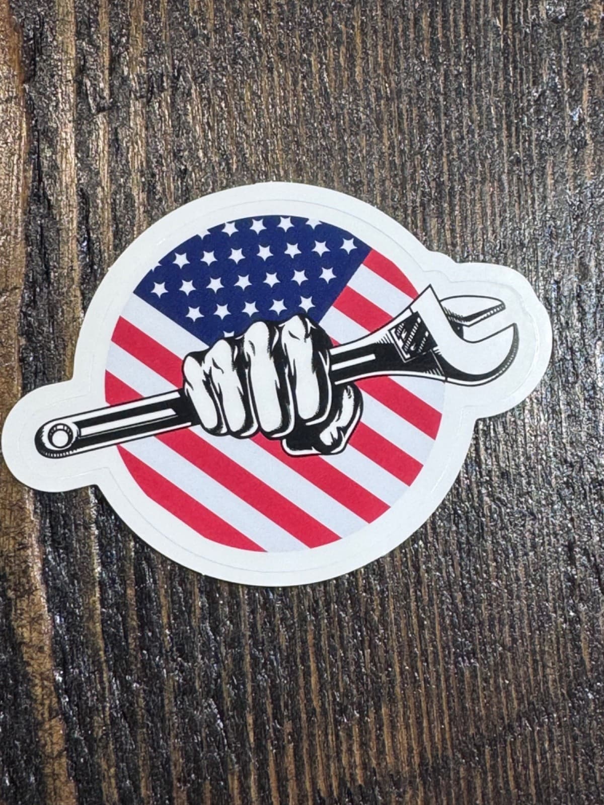 Patriotic sticker - Flag - Hand with Wrench - Decal 2”