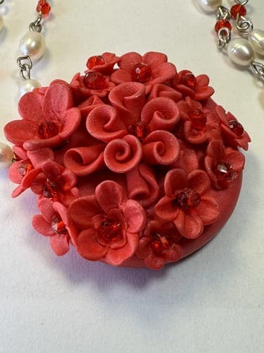 Red Flower Beaded Necklace Pearl And Red Beads Vintage Jewelry - Thumbnail 2
