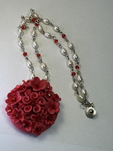 Red Flower Beaded Necklace Pearl And Red Beads Vintage Jewelry - Thumbnail 3