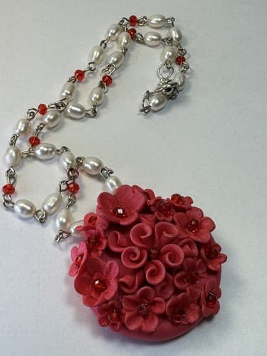 Red Flower Beaded Necklace Pearl And Red Beads Vintage Jewelry - Thumbnail 9