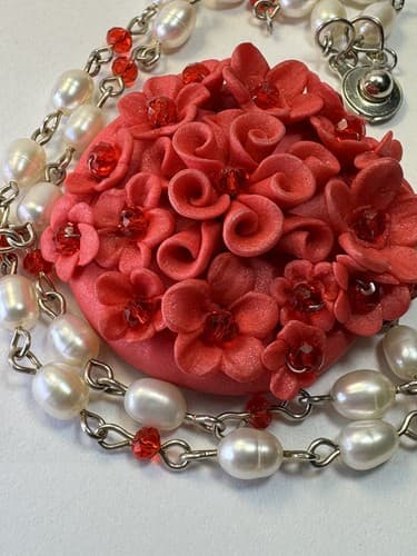 Red Flower Beaded Necklace Pearl And Red Beads Vintage Jewelry - Thumbnail 5