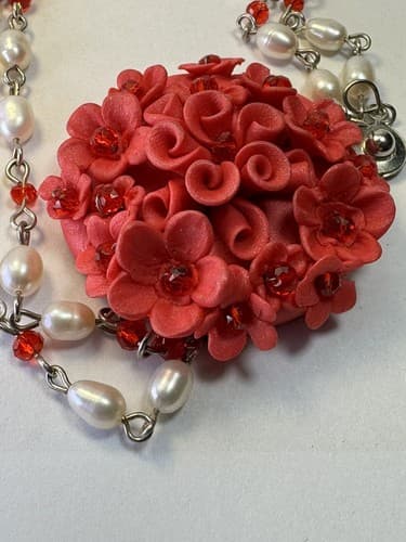 Red Flower Beaded Necklace Pearl And Red Beads Vintage Jewelry - Thumbnail 4
