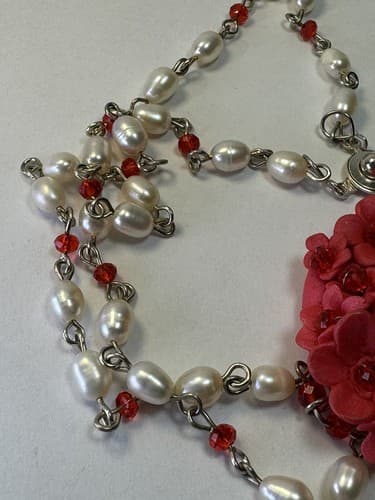 Red Flower Beaded Necklace Pearl And Red Beads Vintage Jewelry - Thumbnail 6