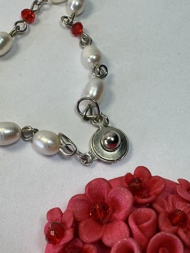 Red Flower Beaded Necklace Pearl And Red Beads Vintage Jewelry - Thumbnail 7