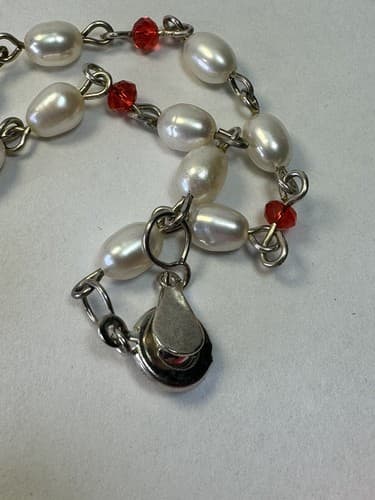 Red Flower Beaded Necklace Pearl And Red Beads Vintage Jewelry - Thumbnail 8