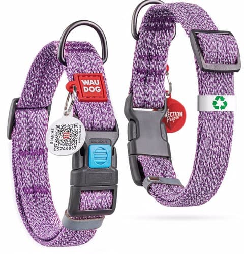 WAUDOG Reflective Cotton Dog Collar Eco Friendly Nylon Collar Small Purple QR ID