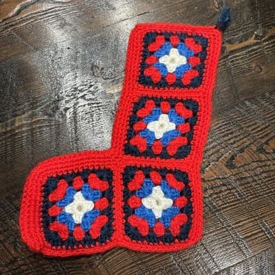 Christmas Stocking Granny Square Handmade Crochet Knit Vintage Red White Blue - Thumbnail 2